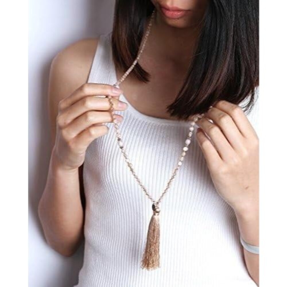 Women Tassel Faux Pearl Necklace Handmade Crystal Beaded Necklace Bohemian Brown